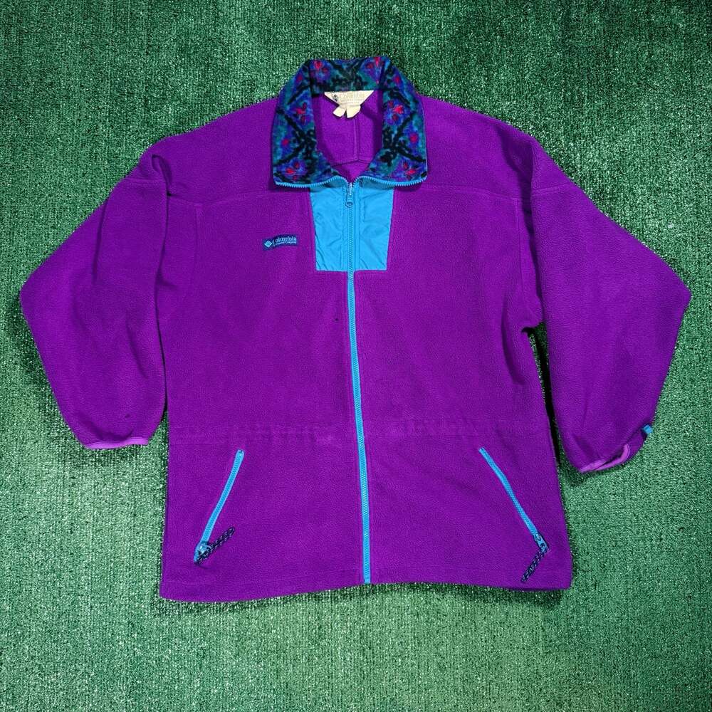 Mens Vintage Columbia Fleece Jacket Purple Patterned Collar Large Gorpcore